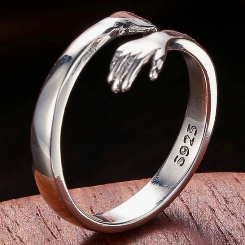 925s stamped Silver Hugging hug Hands Ring band couples/ mom daughter etc